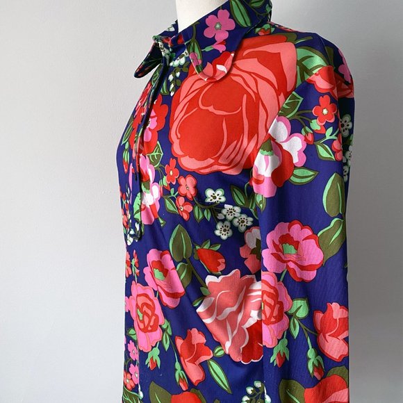 70s Disco Retro Floral Print Button Up Collared Blouse • Size M - Picture 6 of 7